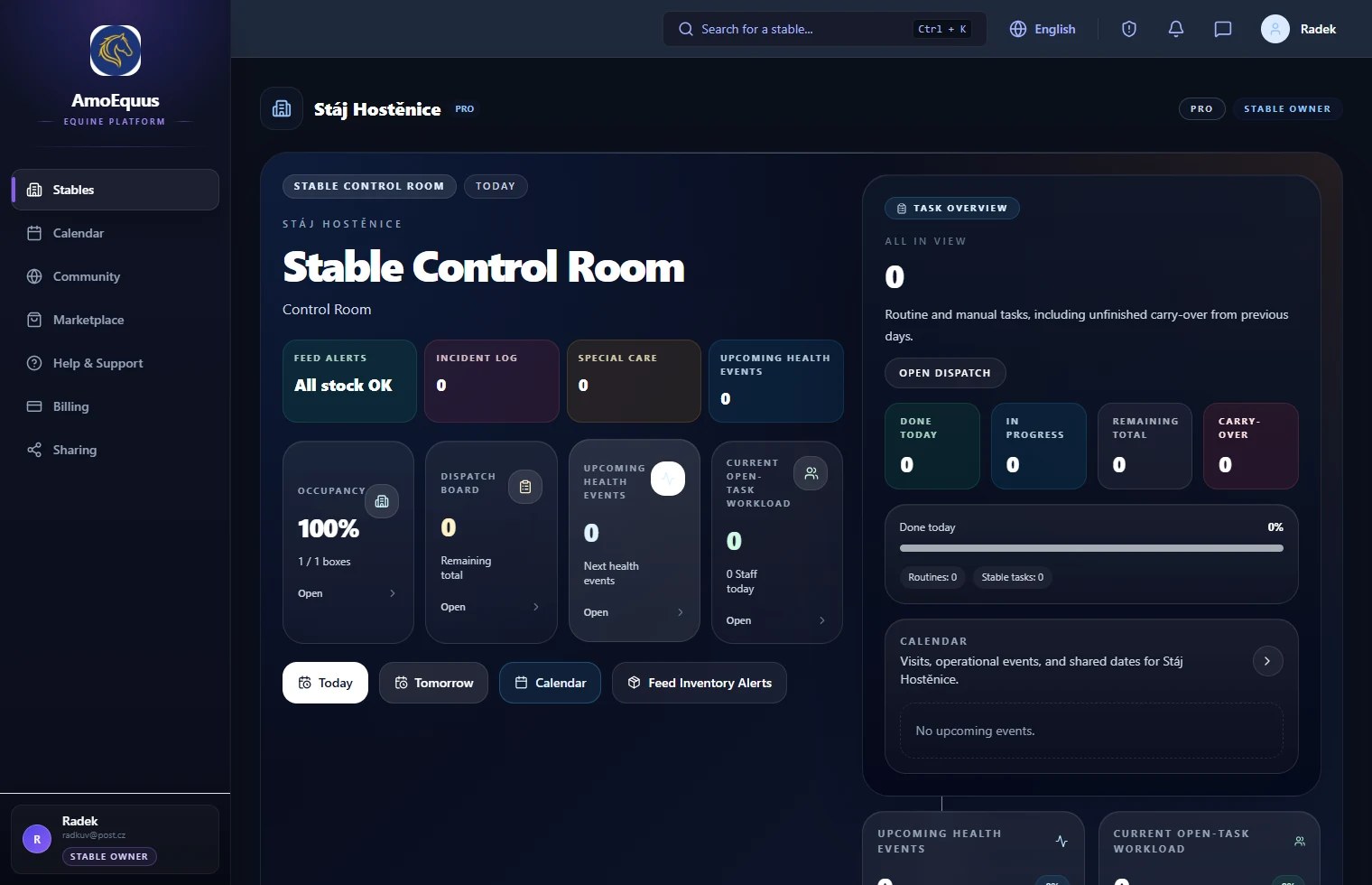 Skutečná obrazovka aplikace AmoEquus v tmavém režimu