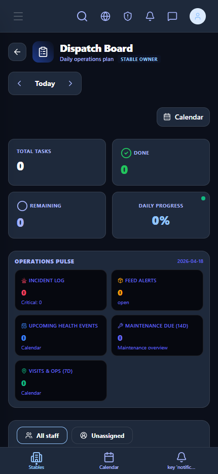 Skutečná mobilní obrazovka aplikace AmoEquus v tmavém režimu