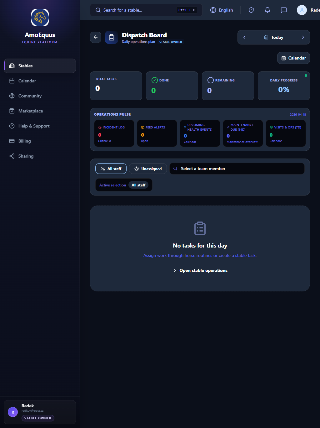 Skutečná tabletová obrazovka aplikace AmoEquus v tmavém režimu